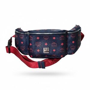 MCM Fursten Visetos Belt Bag Navy Red Coated Canvas Waist Pack MUL9AJV62VS001